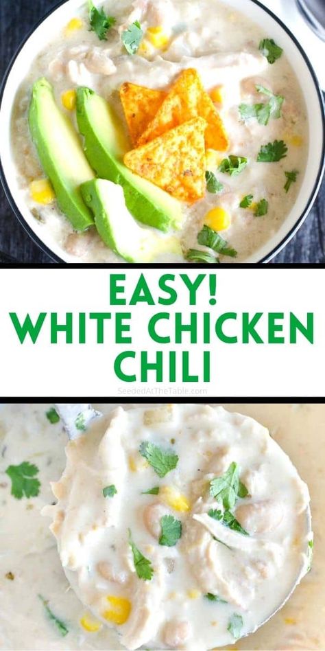 This white chicken chili is easy and creamy, made in just one pot on the stove top. A family favorite dinner recipe! White Chicken Chili Stove Top, Easy White Chili, Kid Dinners, Creamy White Chicken Chili Recipe, Easy White Chicken Chili, Fresh Pumpkin Recipes, Recipes Chili, White Chicken Chili Recipe, Creamy White Chicken Chili