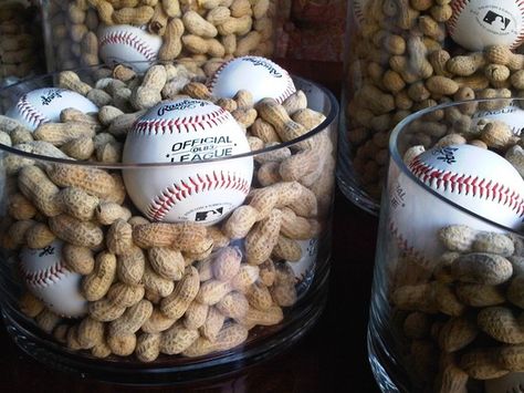 Baseball season is upon us!  Simple centerpiece for sports-themed event Baseball Centerpiece, Sports Centerpieces, Sports Banquet, Baseball Wedding, Baseball Theme Party, Sports Birthday Party, Baseball Decor, Baseball Birthday Party, Baseball Party