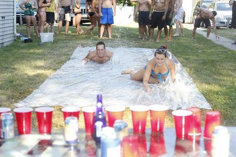 Backyard Slip And Slide Party, Wedding Party Olympics, Slip And Slide Drinking Game, Slip And Slide Flip Cup, Slip N Slide Drinking Game, Water Slide Games For Adults, Adult Summer Party Games Outside, 4th Of July Beer Olympics, Water Party Ideas For Adults