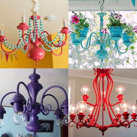 Upcycled Chandelier Outdoor, Recycle Chandelier Ideas, Diy Old Chandelier Makeover, Fun Chandelier Ideas, Painted Chandelier Ideas, Old Chandelier Makeover, Old Chandelier Ideas Repurposed, Spray Paint Chandelier, Outside Chandelier Ideas