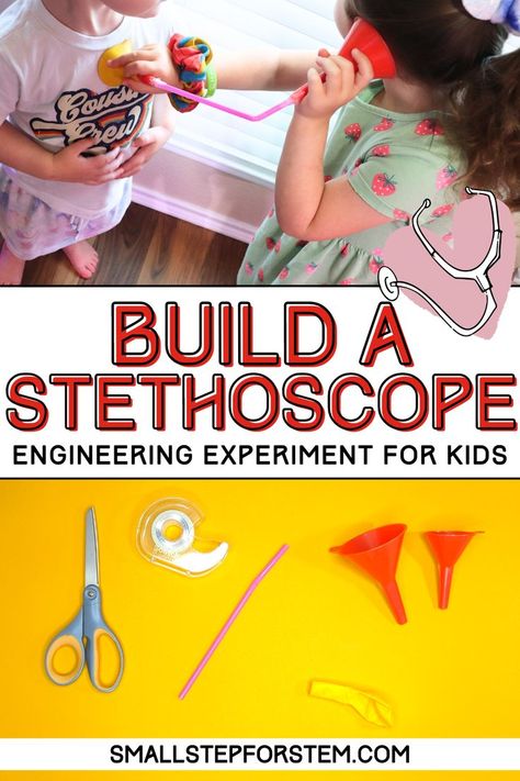 In today's experiment, we're going to walk through how to create a stethoscope with your preschooler, which is a fun and educational activity that will help them learn about sound waves, how to engineer simple devices, and even a little bit of anatomy. Doctor Science Preschool, Stem Engineering Activities Preschool, Stethoscope Craft Preschool, Diy Stethoscope Kids, Diy Stethoscope, Stem Engineering Activities, Sound Experiments, Stem Experiments, Stem Engineering