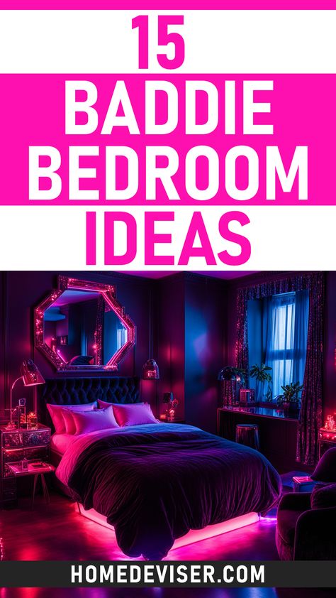 Dare to decorate dramatically with these 15 enticing Baddie Bedroom ideas with lush fabrics, neon lights, macabre accents and scene-stealing wall art. Women Bedrooms Ideas, Pleasure Room Bedroom Ideas, Dark Purple And Black Bedroom, Baddie Bedroom Decor, Women’s Bedroom Decor Ideas, Neon Bedroom Decor, Galaxy Room Ideas Bedrooms, Spicy Bedroom Tips, Sensual Bedroom Decor