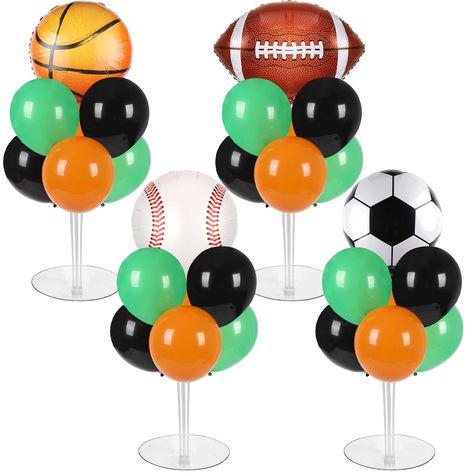 PRICES MAY VARY. Package includes: 4 table centerpiece balloons stand kit and 44 balloons, including basketball foil balloon×1, football foil balloon×1, rugby foil balloon×1, baseball foil balloon×1,12-inch matte dark green balloons × 10,12-inch matte orange balloons × 10 , 12-inch matte black balloons × 10 ,12-inch matte blue balloons × 10,adhesive dots and gold ribbons×2. Wide range of application: sports party decoration is very dynamic, suitable for sports theme party decoration, birthday pa Sports Party Table Decor, Sporty 40 Birthday Party, Multi Sport Birthday Party, Basketball Birthday Centerpieces, Sports Balloon Bouquet, Sports Themed Birthday Party Ideas Decoration, Born Two Ball Birthday, Sports Baby Shower Theme For Boys, Sports Birthday Party Boys