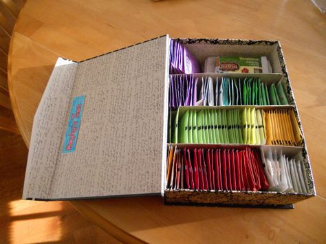 I am a big tea drinker at all times of the day.  I used to keep boxes of teas in the cabinet in the kitchen, until I moved to NYC and there was no longer room for that.  Then my old roommate put al… Tea Box Diy, Tee Organisation, Diy Tea Bags, Tea Box Storage, Tea Bag Storage, Diy Tea, Tea Organization, Tea Crafts, Tea Station