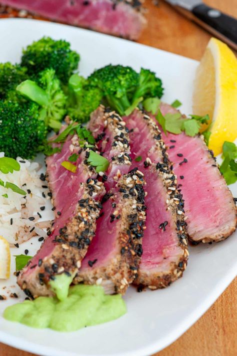 This seared tuna steak recipe is all you will need for perfectly seared sesame crusted tuna. This tuna steak only takes minutes to sear for perfectly done ahi tuna steaks. Fresh Tuna Steak Recipes, Tuna Steak Dinner, Cooking Ahi Tuna, Pan Seared Tuna Steak, Seared Tuna Steak, Seared Ahi Tuna Recipe, Grilled Tuna Steaks Recipes, Seared Tuna Recipe, Fresh Tuna Recipes