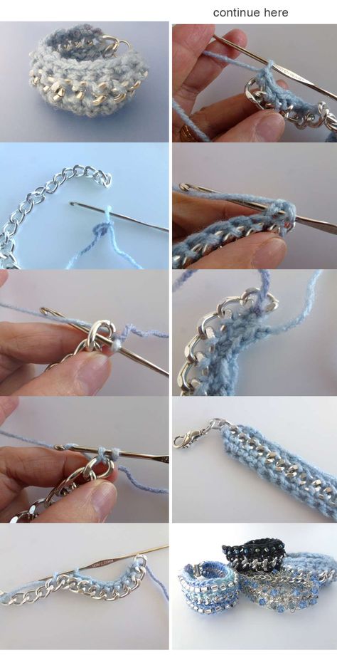 DIY Crochet Yarn and Chain Bracelet Crochet Jewlery, Bracelet Crochet, Knit Jewelry, Gelang Manik, Crochet Bracelet, Diy Schmuck, Bracelet Tutorial, Crochet Basics, Bead Crochet