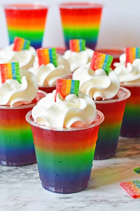 Groovy Jello Shots, Tie Dye Jello Shots, Kids Jello Shots, Rainbow Restaurant, Rainbow Dessert Table, Jello Shot Cake, Rainbow Jello Shots, Jello Ideas, Rainbow Shots