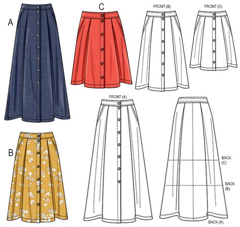 Sewing Pattern: Create a versatile A-line skirt with a buttoned front, offering mini, midi, and maxi length options. The skirt features soft pleats on both the front and back, along with convenient slash pockets and a waistband. Sewing Patterns Maxi Skirt, Plus Size Sewing Patterns Free Dress Maxi Skirts, Free Skirt Sewing Patterns For Beginners, Maxi Skirt Patterns Sewing Free, A Line Skirt Pattern Free Maxi, Summer Skirt Pattern Free, Swirl Skirt Pattern Free, Modest Skirt Patterns, Linen Maxi Skirt Sewing Pattern