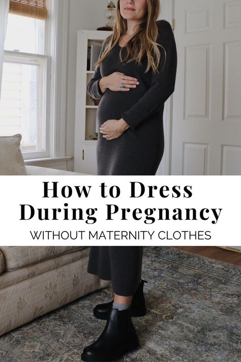 pregnant woman how to dress during pregnancy without maternity clothes Black Dress Maternity Outfit, Not Maternity Clothes, H&m Maternity Outfits, Skims Maxi Dress Outfit Winter, Maternity Clothes Staples, Winter Spring Maternity Outfits, Maternity Minimalist Wardrobe, Transitional Maternity Outfits, Dress The Bump Winter