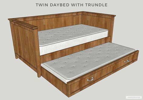 DIY Twin Daybed with Trundle FREE PLANS by Jen Woodhouse Daybed With Trundle Diy, Diy Day Bed With Trundle, Diy Daybed With Trundle, Trundle Beds Diy, Diy Trundle, Daybed Plans, Trundle Bed Plans, Diy Twin Bed Frame, Cubby Bed