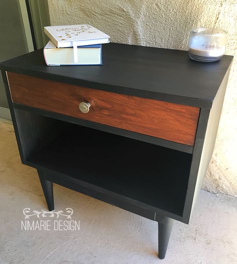 Mid Century modern nightstand makeover Mid Century Modern Side Table Makeover, Upcycled Nightstand Modern, Black Mid Century Modern Nightstand, Upcycled Nightstand Mid Century, Redone Mid Century Dresser, Nightstand Makeover, Side Table Makeover, Mid Century Modern Nightstand, Modern Nightstand