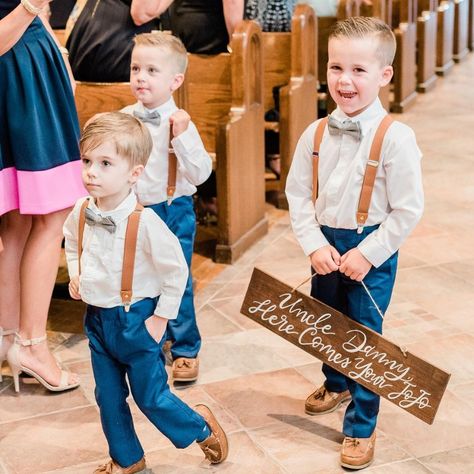 Three Ring Bearers, Wedding Signs For Kids To Carry, Multiple Ring Bearer Ideas, Ring Bear Outfit, Ring Bearer Outfit Blue, Ringbearers Outfits, Ring Bearer Attire, Fall Barn Wedding, Small Backyard Wedding