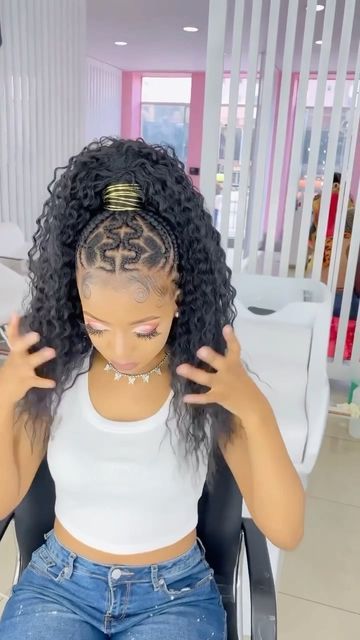 Cornrows With Curly Ponytail, Wavy Hair With Braid Half Up Half Down, Braids Into Weave Ponytail, Jerry Curl Ponytail Weave, Crochet High Ponytail Hairstyle, Braided Up Ponytail With Curls, Feed In Ponytail With Curly Hair, Hair Braided Into Ponytail, Two Curly Ponytails With Weave