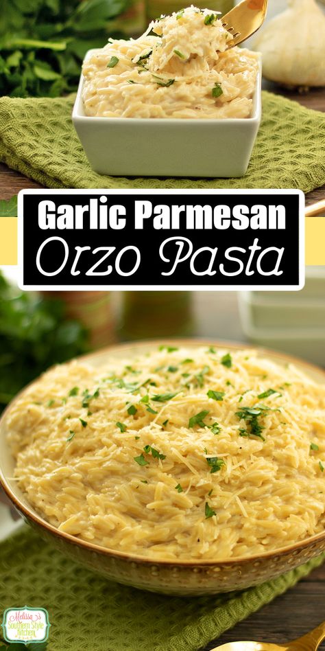 This creamy Garlic Parmesan Orzo Pasta recipe is a creamy side dish that's delicious served with chicken, pork, steak and seafood. #orzorecipes #orzo #garlicparmesanorzo #chickenandorzo #orzorecipes via @melissasssk Garlic Parmesan Orzo Pasta, One Pot Creamy Orzo, French Onion Orzo Pasta, Cod And Orzo Recipes, Pork Chops And Orzo, Steak Orzo Recipes, Recipes With Orzo Pasta, Pasta Side Dishes For Steak, B12 Recipes