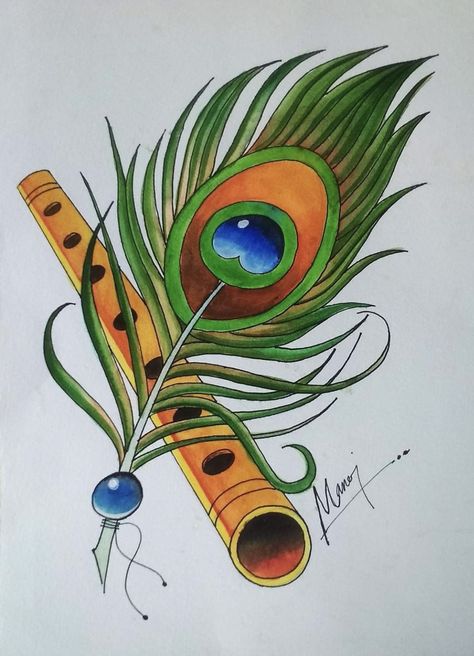 Morepankh Drawing, Peacock Feathers Painting, Peacock Feather Drawing, Flute Drawing, Feather Drawing, Kerala Mural Painting, Fabric Painting Techniques, Beautiful Art Paintings, Cool Pencil Drawings