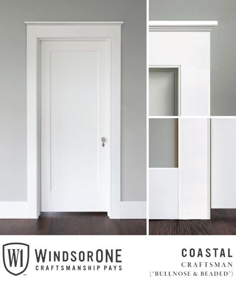 Coastal Craftsman, Bullnose & Beaded - WindsorONE Shaker Style Molding And Trim, Window And Door Casing Ideas, Craftsman Shoe Molding, Simple Craftsman Trim, Shaker Molding And Trim, Mdf Door Trim, Types Of Door Trim, Modern Craftsman Window Trim, Square Door Trim