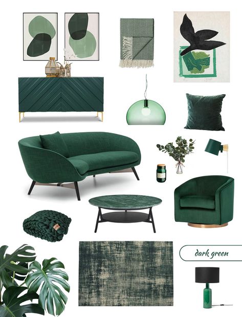 SHOP IT | Dark Green Furniture and Decor for a Biophilic twist Living Room Green And Black, Smaragd Green Interior, Green Furniture Aesthetic, Biophilic Design Living Room, Dark Green Mood Board, Dark Green Room Decor, Green Furniture Bedroom, Biophilic Design Bedroom, Home Decor Ideas Green