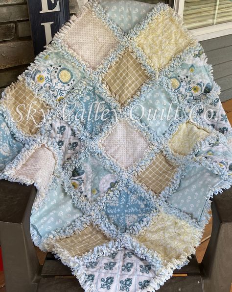 "As the owner of Sky Valley Quilt Co, I am proud to offer my quilts in a ready to stack and sew kit.  This stunning quilt can now be made in your home with the same professional results I have perfected over the past 15 years.  This is a complete kit and includes all the fabric needed to make a quilt identical to the one shown.  The sample shown is the 37\" x37\" size.  Other sizes can be ordered at checkout.     This kit includes all the preCut (not prefringed) 10\" squares to make the size ord Lap Quilt Size, Top Fabrics, Flannel Rag Quilts, Make A Quilt, Rag Quilts, Chenille Bedspread, Seaside Cottage, Blue Flannel, Floral Damask