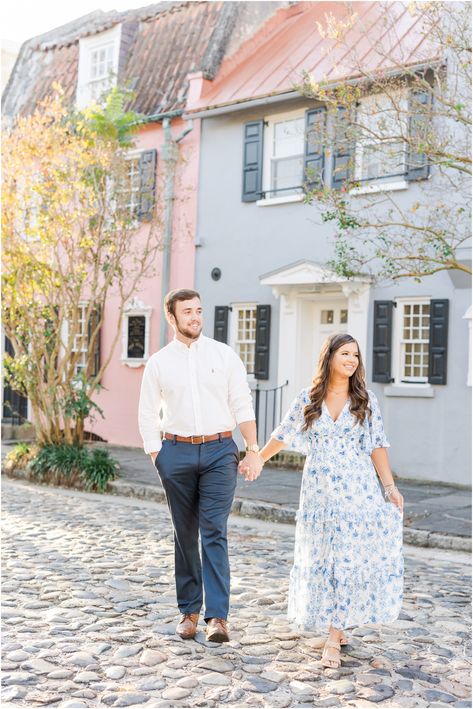 Blue Engagement Photos Outfit, Light Blue Engagement Dress, Pastel Buildings, Charleston Engagement Photos, Charleston Engagement, Pink Engagement, Cute Engagement Photos, Engagement Pic, Summer Engagement Session