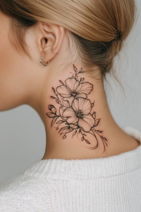 Cute Side Neck Tattoos For Women, Women Side Neck Tattoo, Woman Neck Tattoo Side, Floral Neck Tattoo For Women, Peony Neck Tattoo, Side Of Neck Tattoos Women, Women’s Neck Tattoo, Neck Tattoos Women Side, Floral Neck Tattoo