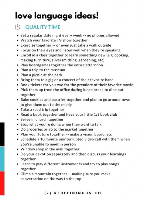 Get some tips and advice on how to show and express your love using the five love languages. There's even a FREE worksheet & suggestions for each love language! Love Languages Examples, Quality Time In Relationships, How To Love Your Boyfriend Better, Quality Time Dates, Couples Quality Time Ideas, Couple Quality Time Ideas, Quality Time Ideas Relationships, Quality Time Activities For Couples, Quality Time Love Language Ideas