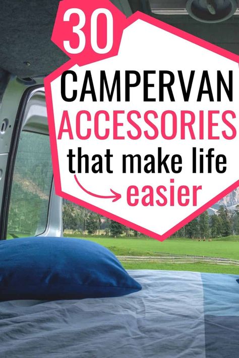 Looking for the best campervan accessories? Read this bumper guide to campervan and motorhome accessories that are perfect for your next road trip. From campervan kitchen accessories to the van accessories for camping off the grid, we cover all the camper van accessories for large and small vans here | Long term travel | TRavel accessories | campervan travel | Europe travel Small Campervan Kitchen Ideas, Camper Van Necessities, Storage For Campervans, Camper Van Kitchen Storage Ideas, Campervan Ideas Accessories, Van Camping Hacks Diy, Small Camper Vans Ideas, Campervan Sewing Projects, Vw Interior Ideas