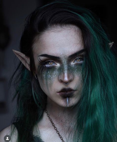 Dark Fae Ren Faire, Dark Ren Faire Makeup, Dark Forest Fairy Makeup, Dark Elf Cosplay Makeup, Dark Elf Costume Makeup, Dark Elf Costume Halloween, Dark Elf Halloween Costume, Dark Fae Cosplay, Evil Elf Makeup