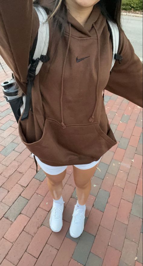 Brown Nike Tracksuit, Brown Nike Sweatshirt Outfit, Aesthetic Nike Hoodie, Brown Comfy Outfit, Brown Nike Hoodies, Brown Nike Hoodie Outfit, Brown Nike Sweater, Brown Hoodie Nike, Light Brown Sweatshirt Outfit