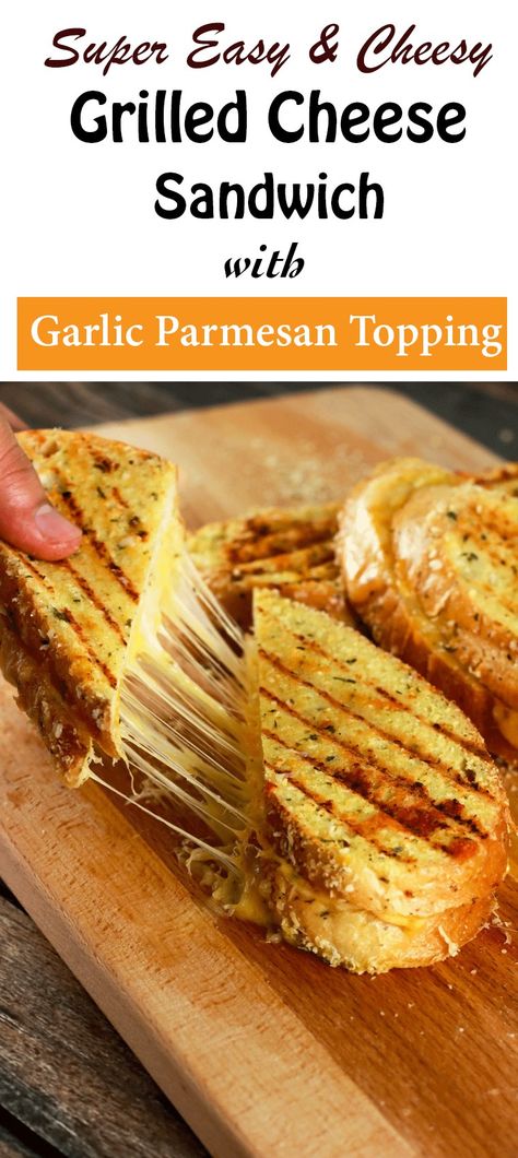 Grilled Cheese Sandwich with Garlic Parmesan Topping - This grilled cheese sandwich is going to quickly become your absolute favorite! It's SUPER easy to make and the topping stores really well! Prepare the topping ahead of time and whip this up in 5 minutes! The kids are going to LOVE this! | ScrambledChefs.com Panini Grill, Gourmet Grilled Cheese, Grilled Cheese Recipes, Grilled Sandwich, Burgers Sandwiches, Cheese Sandwich, Grilled Cheese Sandwich, Soup And Sandwich, Garlic Parmesan