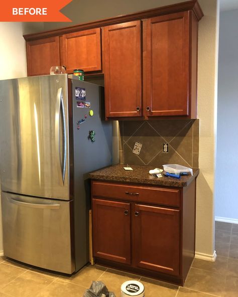 Before: Fridge surrounded by dark brown cabinets Countertop Hutch, Dark Tile Backsplash, Countertop Refinishing Kit, Space Above Kitchen Cabinets, Refinish Countertops, Decorating Above Kitchen Cabinets, Paint Stir Sticks, Brown Kitchen Cabinets, Above Kitchen Cabinets