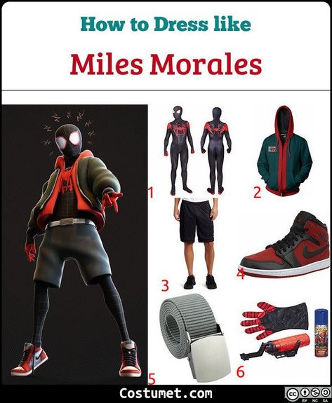 Miles costume is a black and red Spider-Man suit, a green and red zip-up hoodie, black basketball shorts, and Red Air Jordan 1 sneakers.             #Male #male #movies #black #superhero #comics #teen #Marvel #Spiderman Miles Morales Spiderman Outfit, Spiderman Costume Ideas, Men Cosplay Ideas, Miles Morales Style, Miles Morales Inspired Fit, Miles Morales Spiderman Costume Diy, Miles Morales Outfit, Miles Morales Cosplay, Cosplay Men