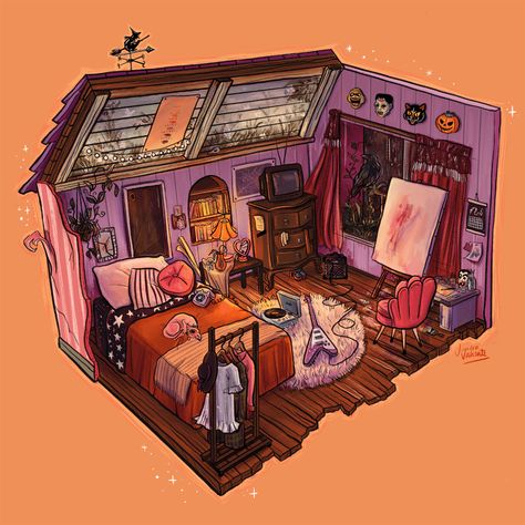 DREAM ROOM on Behance Witch Room Aesthetic Drawing, How To Draw A Room Design, Loft Apartment Drawing, Detailed Room Drawing, Interior Room Drawing, Lofi Aesthetic Room Drawing, Isometric Rooms Illustration, Fantasy Room Drawing, Lofi Aesthetic Room Ideas