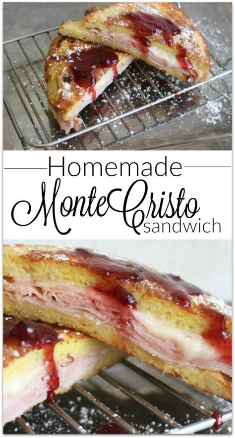 If you've had the Monte Cristo Sandwich, you know it's made like French toast. Slices of ham and Swiss cheese between two slices of bread, dipped in egg batter, browned, and sprinkled with powdered sugar. To top it off, there is a dipping sauce. Sassy Sandwiches, Monte Cristo Sandwich Recipe, Monte Christo, Ham And Swiss, Monte Cristo Sandwich, Brunch Items, Bread Bakery, Resep Diet, Ocean Spray