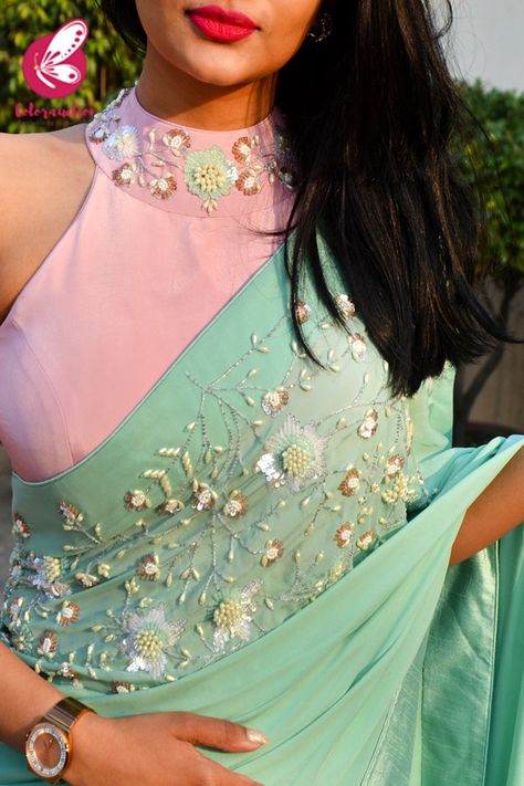 Shop Mint Green Silk Chiffon Sequins Pearl Handwork Saree - Sarees Online in India | Colorauction Model Blouses, Green Contrast Color, Handwork Saree, Beading Dress, Green Color Combinations, Combination Dresses, Saree Ideas, Light Pink Blouses, Fancy Saree