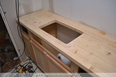 DIY pine butcherblock style countertop with hole cut out for undermount sink Countertop Diy, Diy Wood Countertops, Diy Butcher Block, Diy Kitchen Shelves, Butcher Block Countertop, Sink Hole, Diy Kitchen Countertops, Diy Kitchen Backsplash, Butcher Block Counter