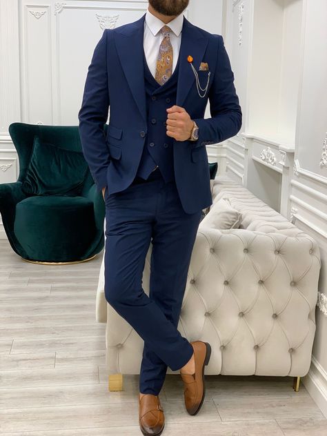 Italian Style Suit, Navy Slim Fit Suit, Peak Lapel Suit, Business Casual Suit, Vest And Pants, Blue Suit Men, Slim Fit Suit Men, Mens Suit Vest, Pants Gift