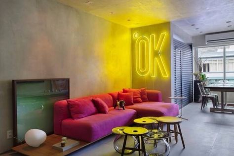 Interior studio Modern Bachelor Pad, Small Apartment Design, Tiny Apartment, Design Del Prodotto, Apartment Inspiration, Neon Lights, Stylish Furniture, Apartment Design, Interior Inspo