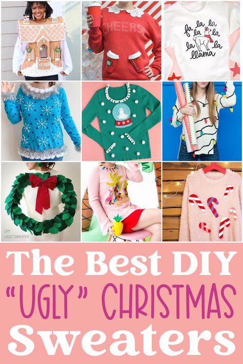 40+ DIY Ugly Christmas Sweater ideas that will be the hit of your Christmas party! From cute "ugly" to the truly hideous, there's an ugly sweater on this list for every taste and style! 🎅 Ugliest Sweater Ideas, Funny Xmas Sweaters Diy, Quick Diy Ugly Christmas Sweater, Interactive Ugly Christmas Sweater, Diy Funny Christmas Sweaters, Ugly Christmas Sweater Ideas For Work, Ugly Christmas Shirts Diy, Ugly Shirts For Christmas, Ugly Hanukkah Sweater Diy