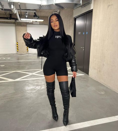 Playsuit Outfit, Givenchy Boots, Jumpsuit Long, Stylish Jumpsuit, Black Playsuit, Designer Jumpsuits, Celebrity Design, Ribbed Turtleneck, Long Jumpsuits