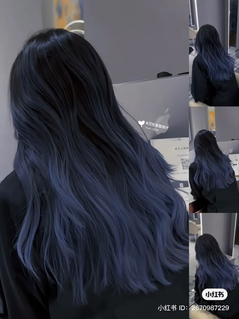 Dark Blue Hair Balayage, Royal Blue Hairstyles, Navy Blue Hair Ideas, Blue And Black Short Hair, Blue Peek A Boo Hair, Navy Blue Balayage, Dark Ash Blue Hair, Blue Black Balayage, Dark Blue Balayage Hair