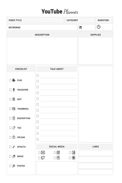 Do you feel overwhelmed when writing your talking points and how much time you want to discuss one topic on your YouTube Channel? 
This easy-to-use schedule page will help you to organize your YouTube channel discussion. Easy to use checklists so you do not miss anything.  
This scheduling journal will make you YouTube ready, professional looking and feeling confident. Starting Youtube Channel Checklist, Youtube Channel Business Plan, Youtube Channel Equipment, Youtube Channel Planning, Youtube Channel Goals, Youtube Channel Planner, Making A Youtube Channel, Youtube Upload Schedule, Youtube Video Planner Template