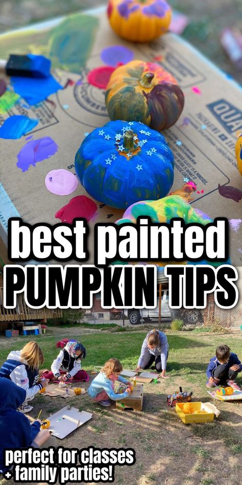 best tricks and tricks for painted pumpkins. Learn how to hose a pumpkin painting party, best pain to use and how to and keep clean up to a minium. Best Way To Paint A Pumpkin, How To Paint Halloween Pumpkins, Pumpkin Painting Activities, Paint A Pumpkin Station, How To Paint Pumpkins Diy, Preschool Painted Pumpkins, Cute Ways To Paint Mini Pumpkins, Pumpkin Painting For Preschoolers, Classroom Pumpkin Painting