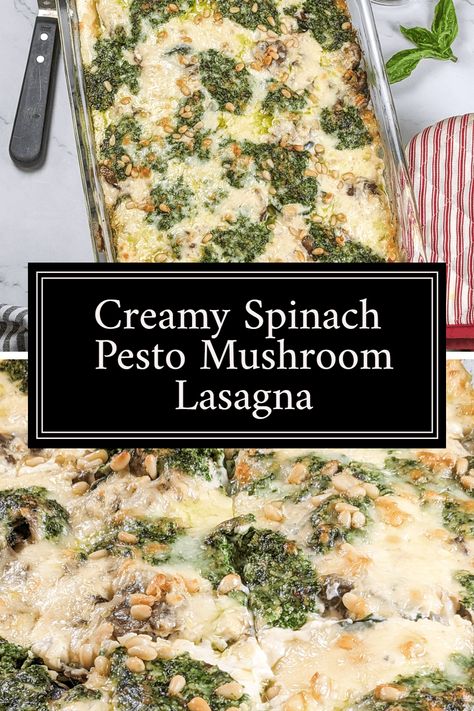 Creamy Spinach Pesto Mushroom Lasagna Baked Meals, Pesto Dishes, Spinach Basil Pesto, Homemade Lasagna Recipes, Mushroom Lasagna, Traditional French Recipes, Spinach Pesto, Lasagna Recipes, Baked Recipes