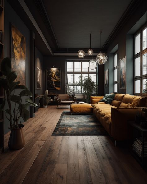 Flooring For Black Walls, High Contrast Living Room Interior Design, Dark Room With Wood Accents, Industrial Luxe Decor, Extra Room Space Ideas, Dark Home Inspiration, Masculine Feminine Decor, Dark Moody Open Floor Plan, Darker Home Interior