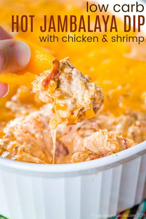 Low Carb Jambalaya Dip - a hot and cheesy party appetizer recipe with chicken, shrimp, Andouille sausage and Cajun seasoning plus plenty of cheese! #cheesy #dip #snack #keto Spicy Chicken Dip, Mardi Gras Appetizers, Warm Dips, Warm Crab Dip, Baked Artichoke Dip, Enchilada Dip, Chili Enchiladas, Green Chili Enchiladas, Hot Dips