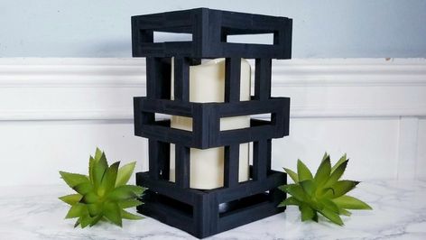 Grab some Dollar Tree "jenga" style blocks to create this modern lantern decor piece! ❤ | By She So CraftDee Jenga Block Candle Holder, Jenga Block Lantern Diy, Modern Lantern Decor, Solar Light Diy, Diy Jenga, Modern Lantern, Lantern Diy, Solar Lights Diy, Lantern Decor