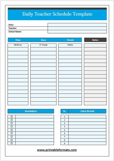 05 Free Teacher Schedule Templates - Printable Formats Teacher Schedule, Homework Schedule, Class Schedule Template, Attendance Sheet, Student Budget, Extracurricular Activities, Course Schedule, Day Routine, Schedule Templates