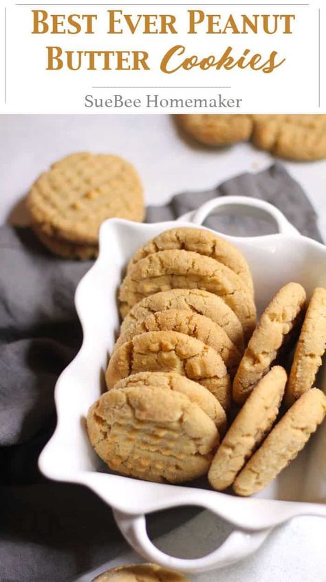 Best Ever Peanut Butter Cookies are thick and chewy, and perfect for snack time. These are a classic, and are best dunked in milk! | suebeehomemaker.com | #peanutbuttercookies #cookies #dessert #peanutbutter #bestever Best Peanut Butter Cookie Recipe, Soft Peanut Butter Cookies, Butter Cookie Recipe, Best Peanut Butter Cookies, Classic Peanut Butter Cookies, Chewy Peanut Butter Cookies, Best Peanut Butter, Peanut Butter Cookie, Peanut Butter Cookie Recipe