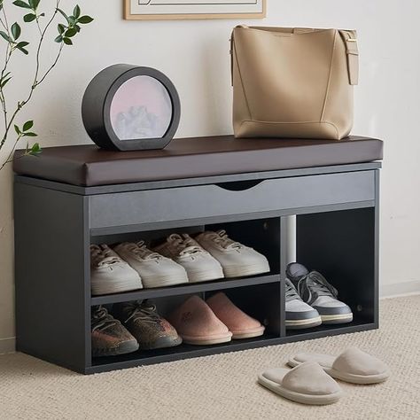 Amazon.com: Apicizon Entryway Bench with Shoe Storage, Black, 2-Tier Shoe Rack, Padded Cushion, Wooden Frame : Home & Kitchen Shoe Storage Bench, Shoe Rack Organization, Entryway Storage, Shoe Bench, Bench With Shoe Storage, Brown Living Room, Leather Cushion, Wooden Bench, Bench With Storage