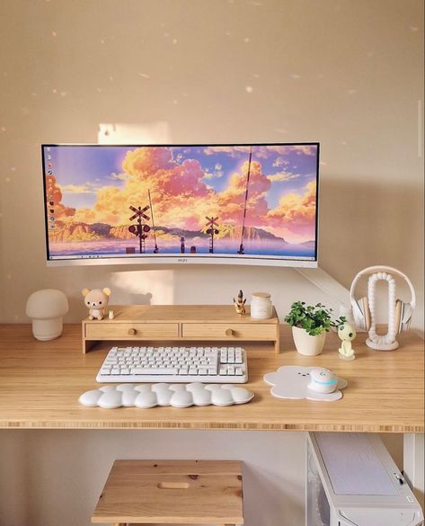 Ikea Tokabo, Monitor Stand With Drawers, Desk Inspo Aesthetic, Neutral Desk, Aesthetic Desk Setup, Small Game Rooms, Curved Monitor, Cozy Desk, Aesthetic Desk